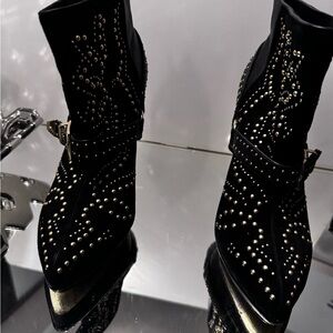 bebe Black Studded Ankle Booties with Gold Accents
